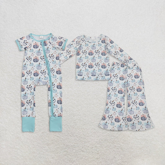 Sibling Baby Girls Bows Pumpkins Top Flare Pants Fall Clothes Set Zip Rompers