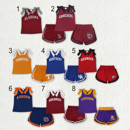 Sibling Baby Girls Bows Sleeveless Shirts Top Short Vinyl Team Clothes Sets