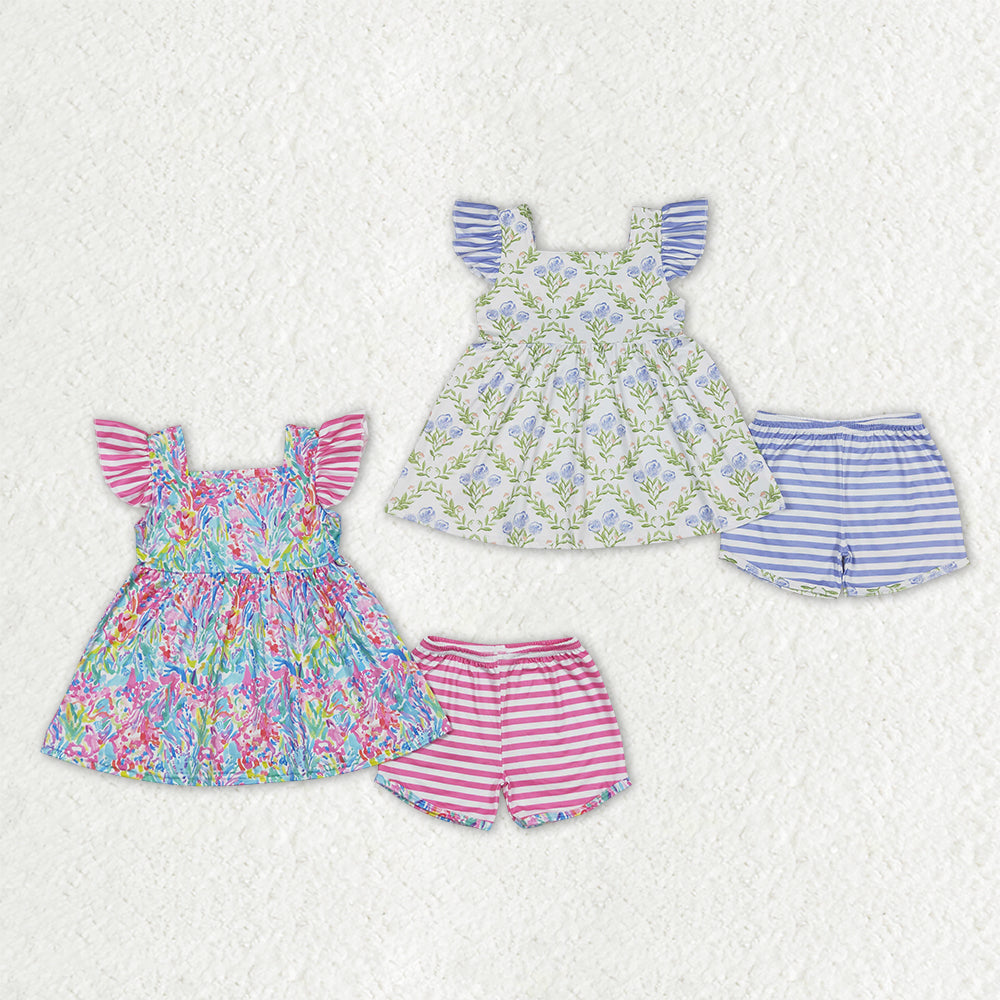 Sibling Baby Girls Flutter Sleeve Colorful Flowers Tunic Short Clothes Sets