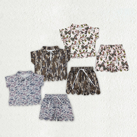 Sibling Baby Girls Southern Camo Ducks Zip Pullovers Pockets Shorts Scallop Clothes Sets