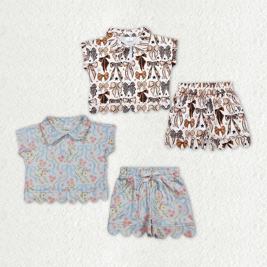 Sibling Baby Girls Bows Flowers Zip Pullovers Pockets Shorts Scallop Clothes Sets