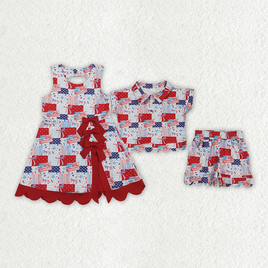 Sibling Baby Girls Flags Stars 4th of July Yoga Active Knee Length Dress Scallop Clothes Sets