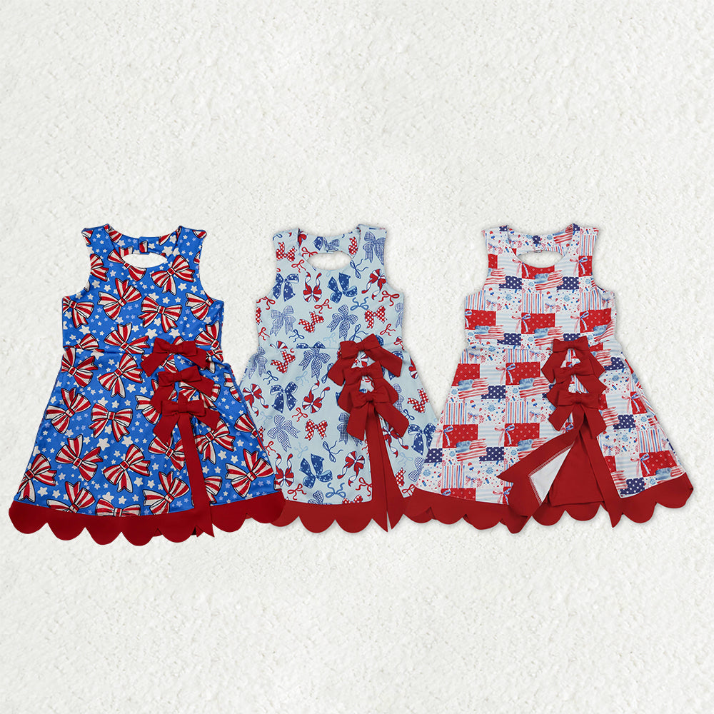 Sibling Baby Girls Bows Flags 4th of July Yoga Active Short Knee Scallop Length Dresses