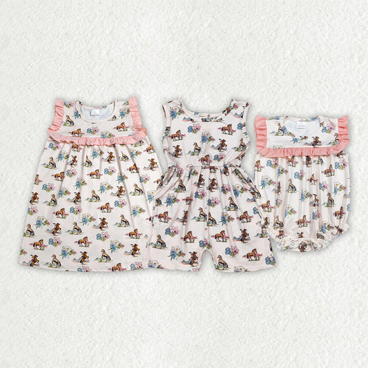 Sibling Baby Girls Horse Rodeos Flowers Western Ruffle Rompers Dress Jumpsuits