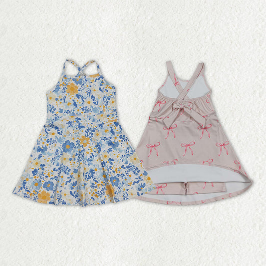 Sibling Baby Girls Strap Bows Flowers Yoga Active Shorts Knee Length Dresses
