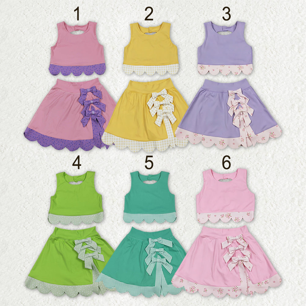 Sibling Baby Girls Sleeveless Vest Scallop Bows Skirt Shorts Yoga Active Clothes Sets