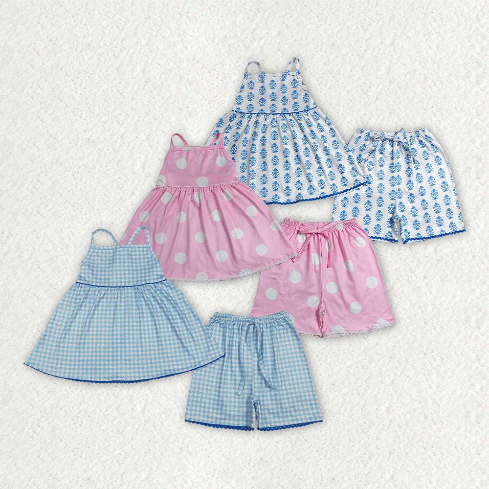 Sibling Baby Girls Strap Flowers Polka Dots Checked Tunic Short Clothes Sets