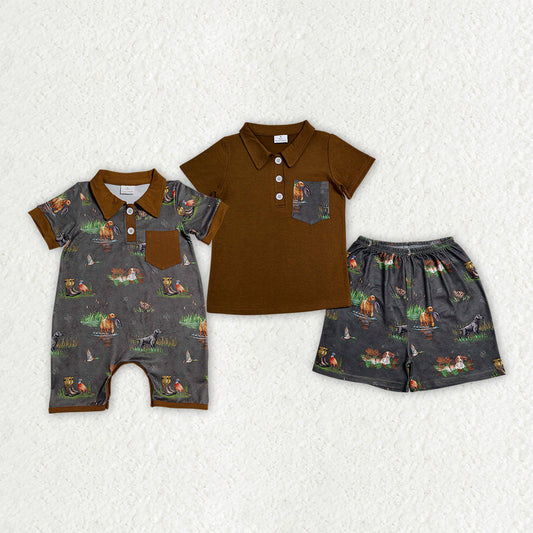 Sibling Baby Boys Dogs Fishes Button Polo Top Short Hunting Clothes Set Rompers