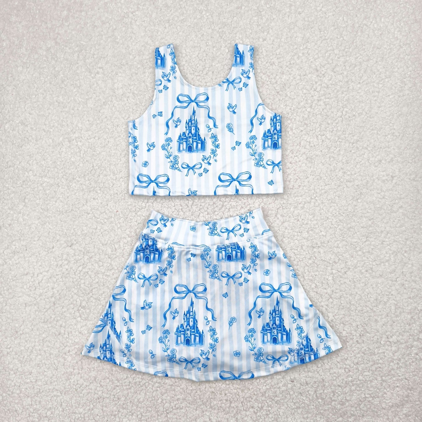 Sibling Baby Girls Blue Castles Athletic Active Wear Top Shorts Skirts Outfits Knee Length Dresses