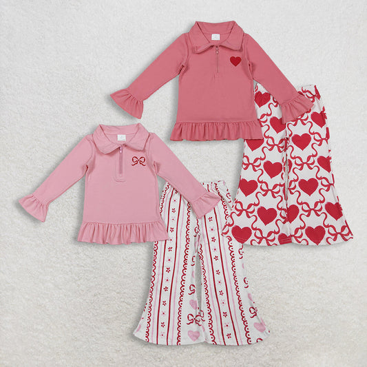 Sibling Baby Girls Embroidery Hearts Bows Zip Pullovers Flare Pants Valentines Clothes Sets