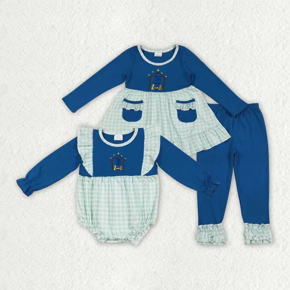 Sibling Baby Girls Embroidery Nativity Pockets Ruffle Pants Christmas Clothes Set Rompers