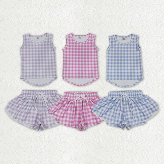 Sibling Baby Girls Checked Vest Top Butterfly Shorts Yoga Active Clothes Sets