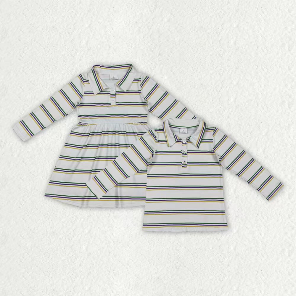 Sibling Baby Girls Mardigras Stripe Button Knee Length Dresses Polo Shirts Top