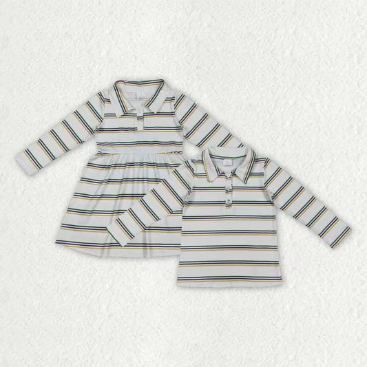 Sibling Baby Girls Mardigras Stripe Button Knee Length Dresses Polo Shirts Top