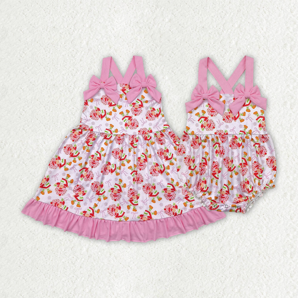 Sibling Baby Girls Pink Strap Bows Strawberry Floral Knee Length Dresses Rompers