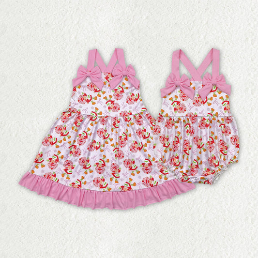 Sibling Baby Girls Pink Strap Bows Strawberry Floral Knee Length Dresses Rompers