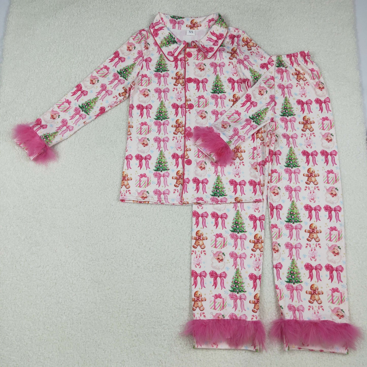 Sibling Adult Women Bows Santa Trees Button Top Pants Christmas Fur Pajamas Sets
