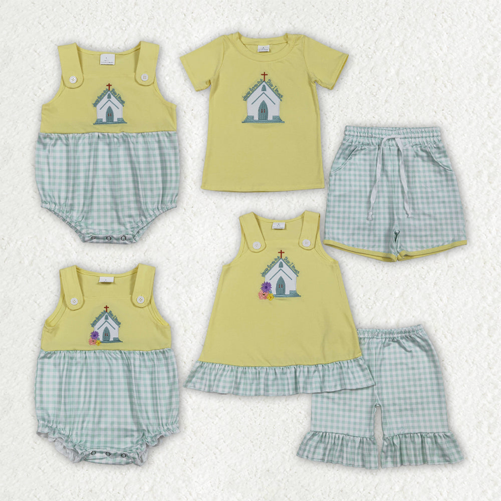 Sibling Baby Kids Embroidery Church Cross Top Checked Shorts Clothes Set Rompers