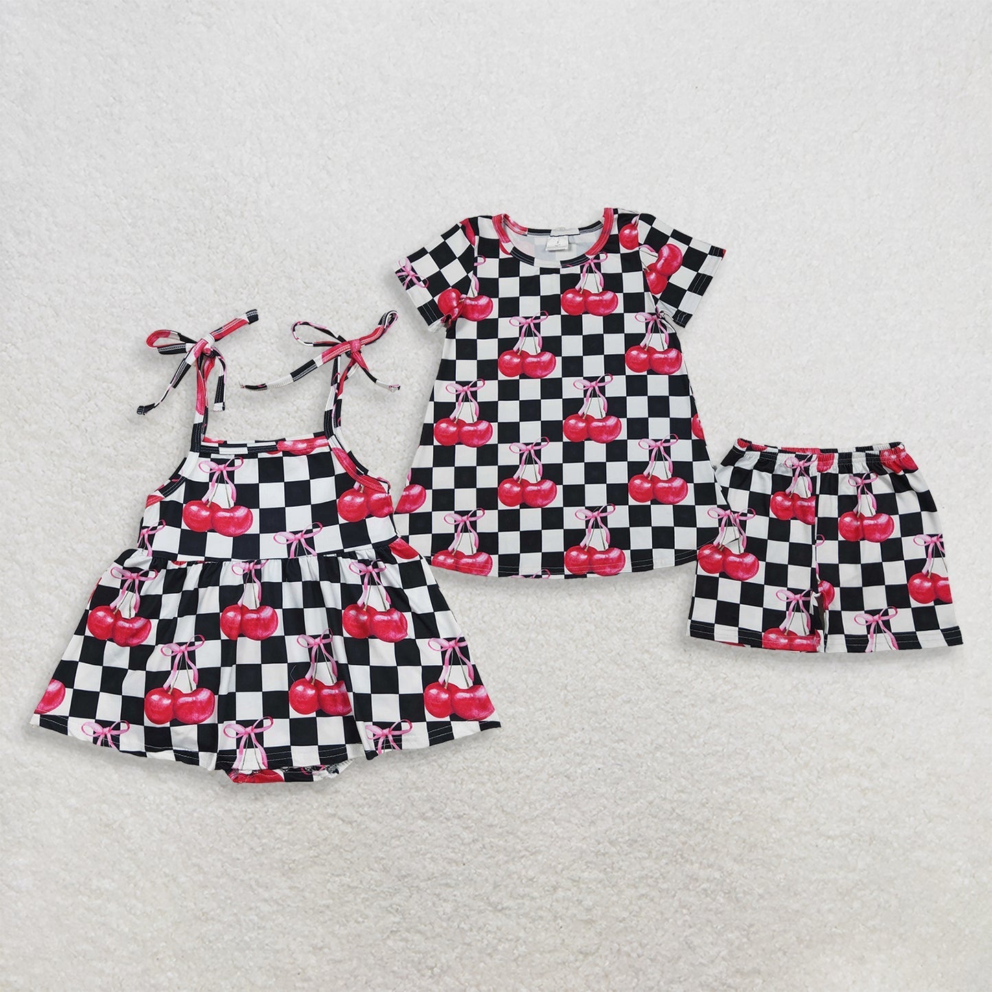 Sibling Baby Girls Black Checked Cherry Tunic Short Clothes Set Strap Bummies Rompers
