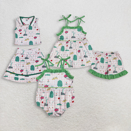 Sibling Baby Girls Checked Flower Golf Tunic Ruffle Skirt Shorts Set Rompers