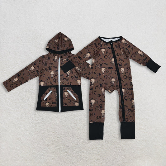 Sibling Baby Boys Brown Bull Skulls Pants Western Pajamas Sets Zipper Footie Rompers