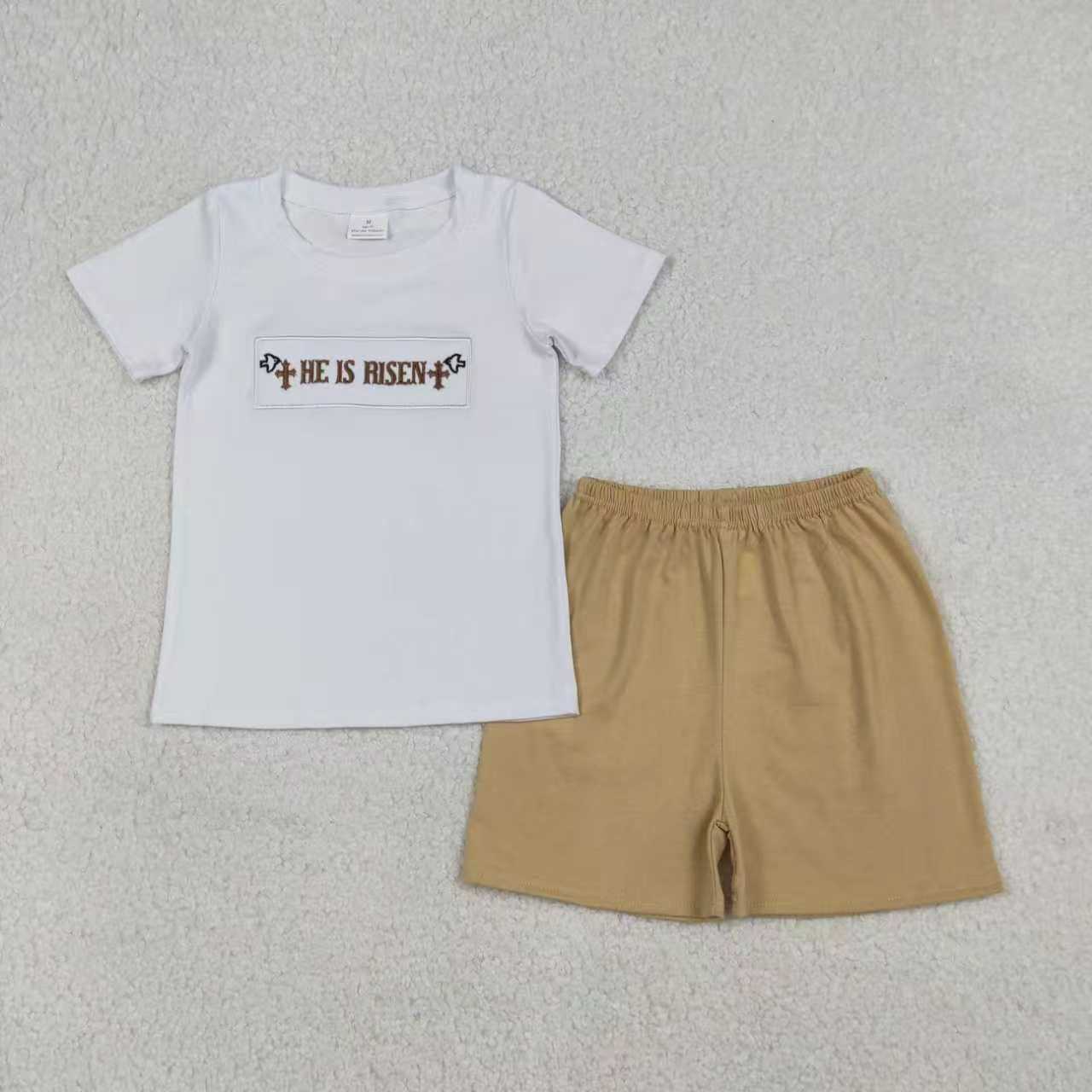 Sibling Baby Boys Girls Embroidery Crosses He is Risen Easter Clothes Sets Knee Length Dress