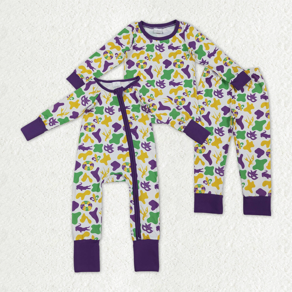 Sibling Baby Boys Mardigras Camo Crayfishes Top Pants Pajamas Sets Zipper Footie Rompers