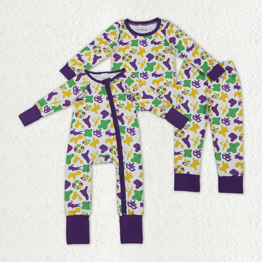 Sibling Baby Boys Mardigras Camo Crayfishes Top Pants Pajamas Sets Zipper Footie Rompers