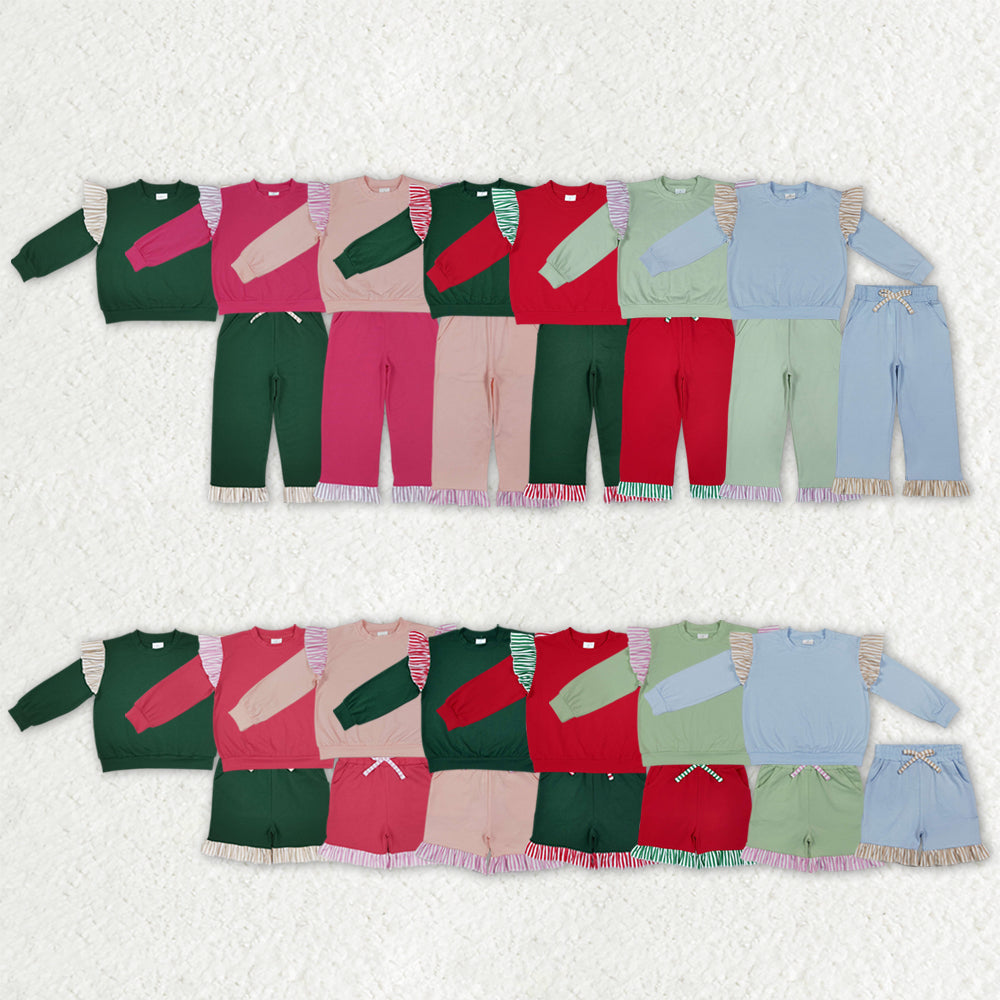 Sibling Baby Girls Long Flutter Sleeves Shirts Top Pockets Ruffle Shorts Pants Clothes Sets