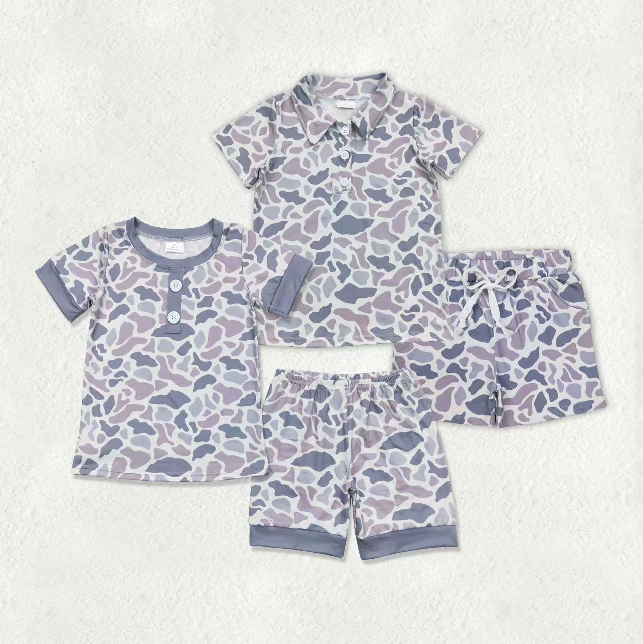 Sibling Baby Boys Southern Light Grey Camo Button Shirts Top Shorts Pajamas Clothes Set