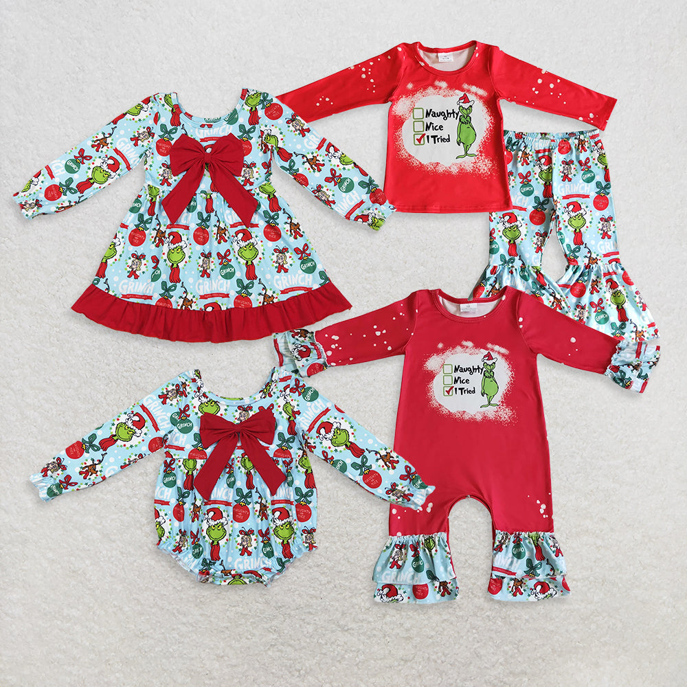 Sibling Baby Girls Lights Green Faces Bows Christmas Knee Length Dress Rompers Bell Pants Clothes Sets