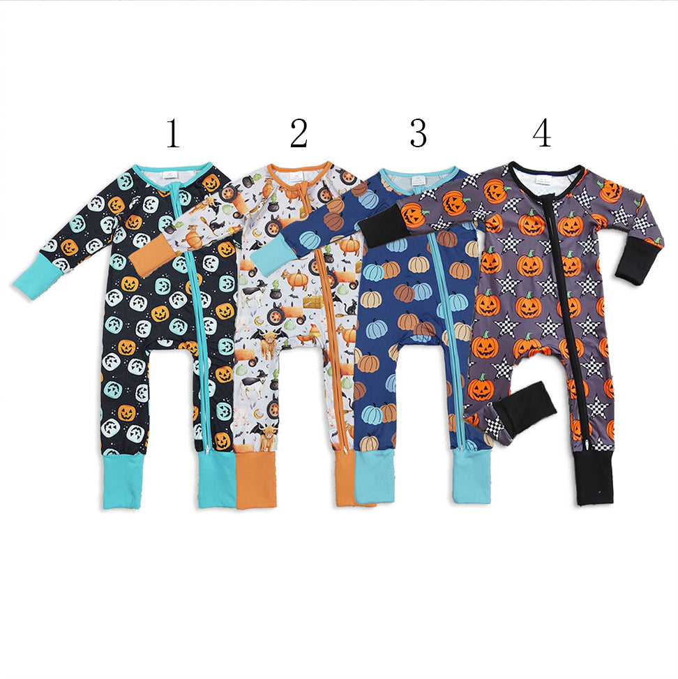 Sibling Baby Girls Colorful Ghost Pumpkins Fall Halloween Zipper Footie Rompers