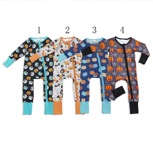 Sibling Baby Girls Colorful Ghost Pumpkins Fall Halloween Zipper Footie Rompers