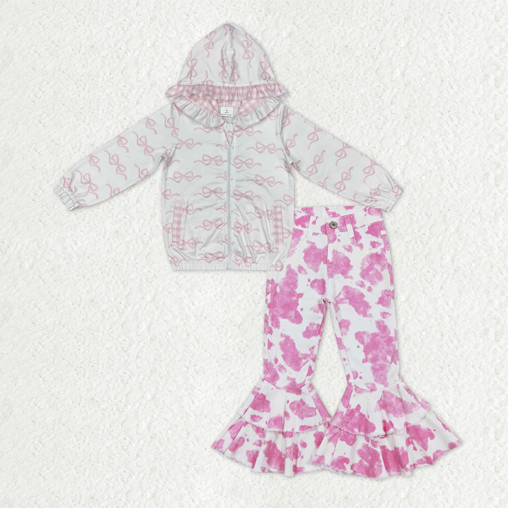 Sibling Baby Girls Pink Bows Zip Pocket Hoodies Jacket Denim Bell Bottom Pants Clothes Sets