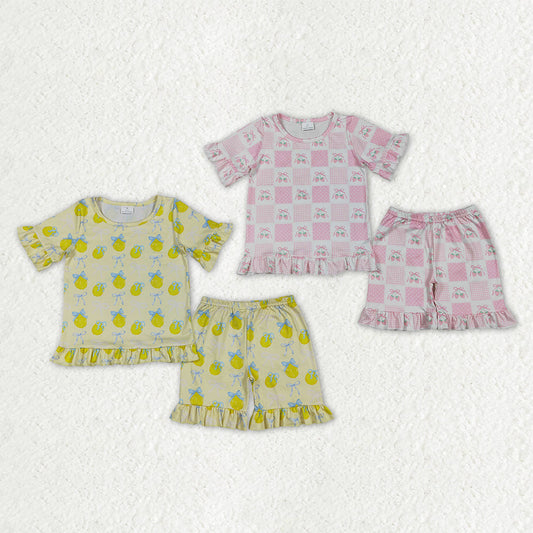 Sibling Baby Girls Short Sleeve Bows Strawberry Lemons Top Ruffle Shorts Pajamas Sets