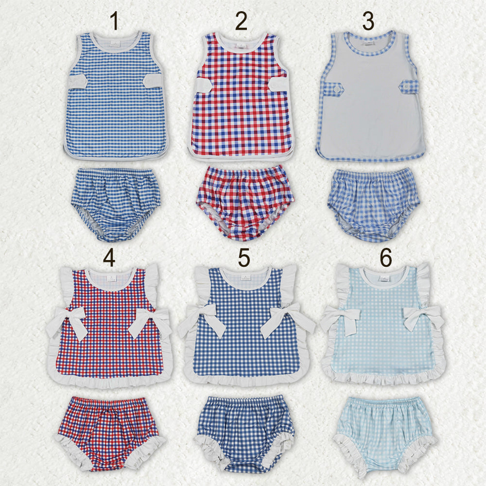 Sibling Baby Boys Girls Bows Checkered Tunic Bummies Clothes Sets
