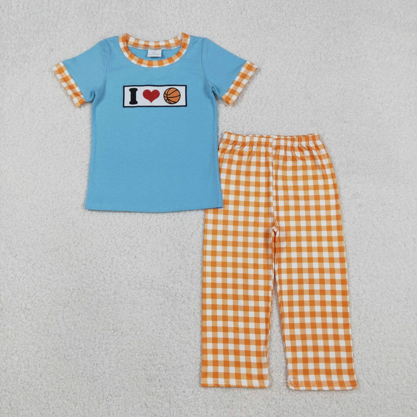 Sibling Baby Boys Embroidery I Love Balls Top Checked Pants Team Clothes Set Footie Rompers