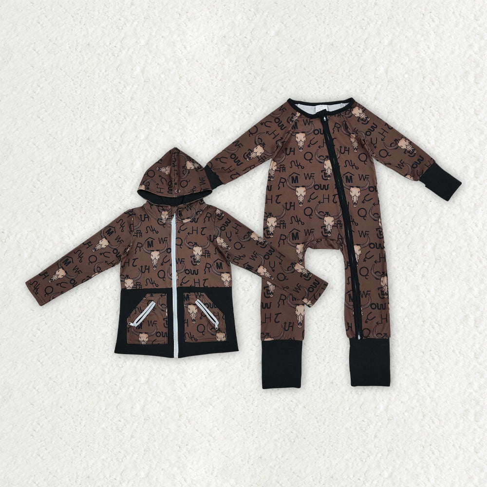 Sibling Baby Boys Bull Skull Pockets Zipper Hoodie Jackets Zipper Convertible Rompers