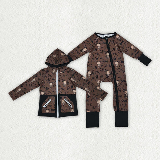 Sibling Baby Boys Bull Skull Pockets Zipper Hoodie Jackets Zipper Convertible Rompers