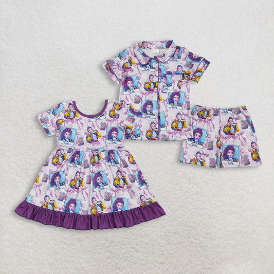 Sibling Baby Girls Demon Hunter Bows Button Shorts Pajamas Set Ruffle Knee Length Dresses