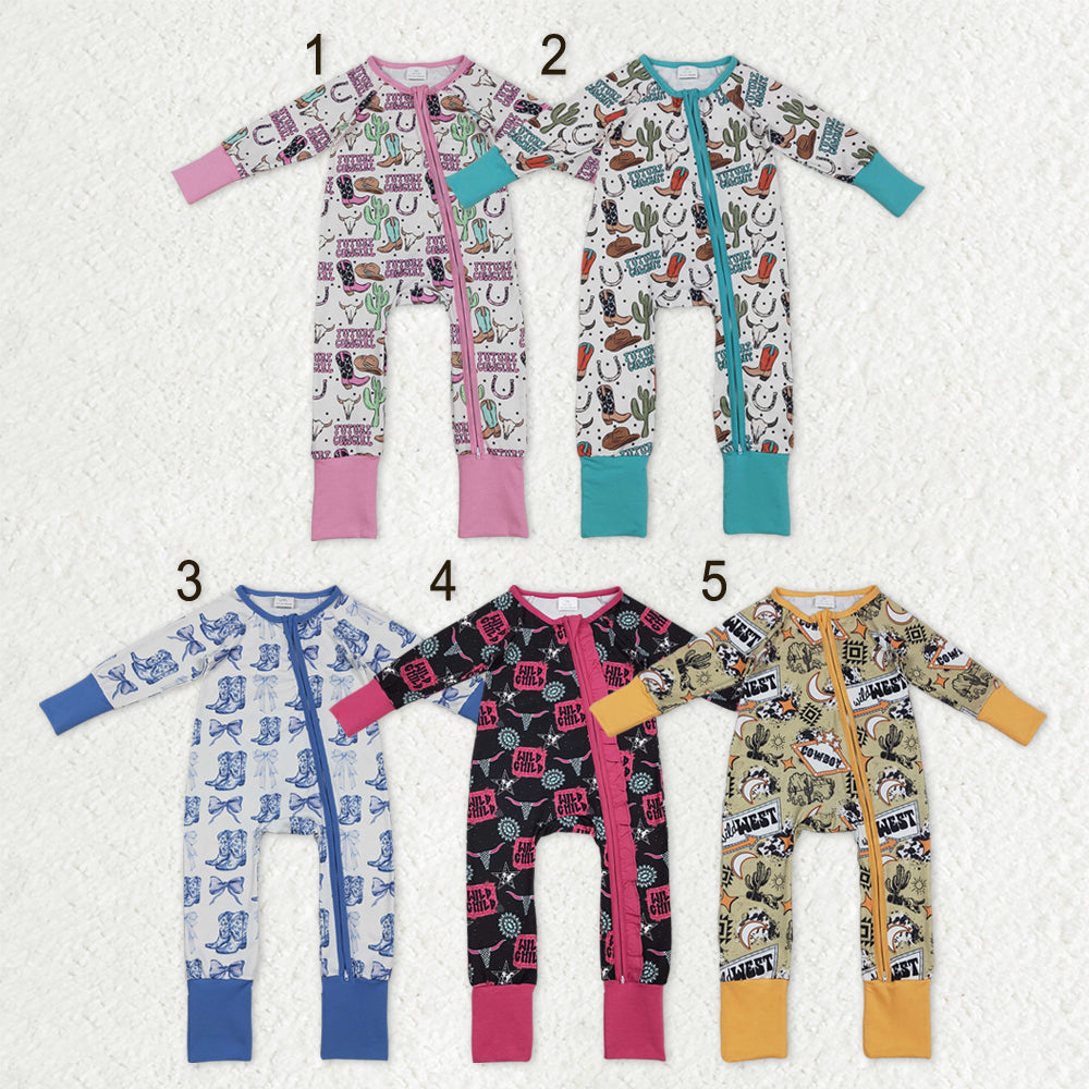 Sibling Baby Boys Girls Western Boots Cows Two Way Zip Convertible Rompers