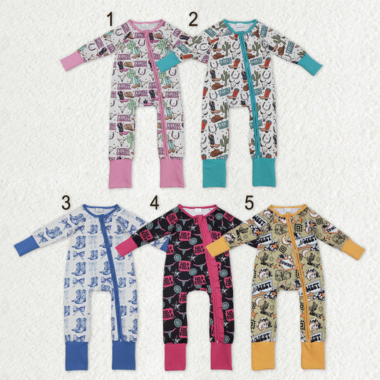 Sibling Baby Boys Girls Western Boots Cows Two Way Zip Convertible Rompers