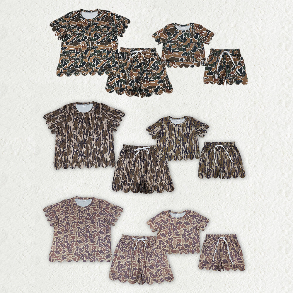 Mama and Me Girls Short Sleeve Southern Camo Top Pockets Short Scallop Clothes Sets