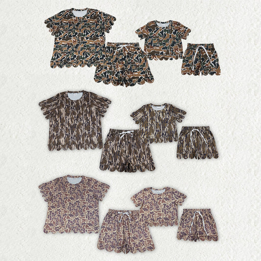 Mama and Me Girls Short Sleeve Southern Camo Top Pockets Short Scallop Clothes Sets