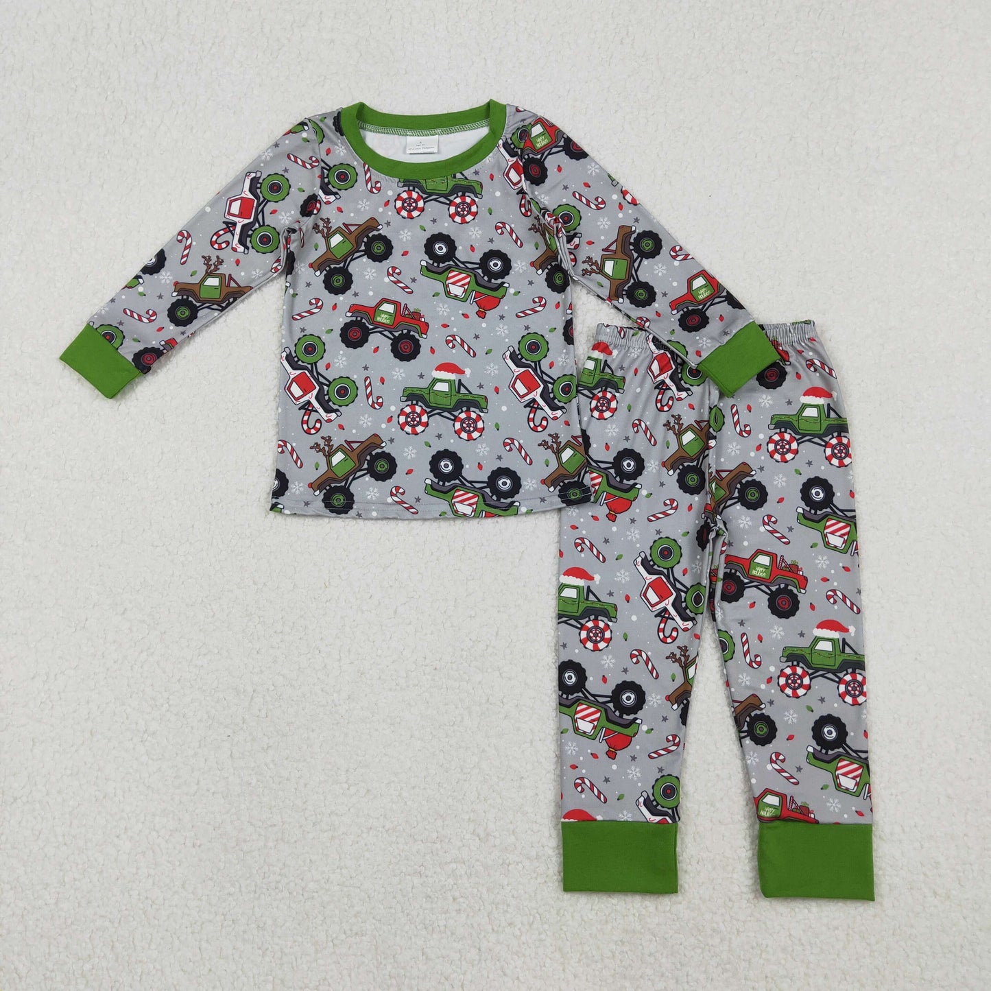 Sibling Baby Boys Trucks Candy Cane Christmas Pants Pajamas Sets Zipper Rompers