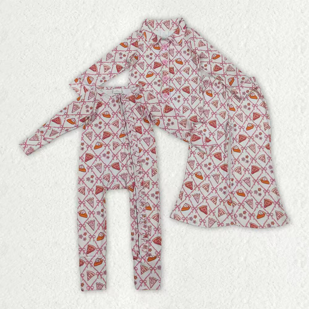 Sibling Baby Girls Bows Flowers Pie Checked Button Thanksgiving Pajamas Set Zip Footie Rompers