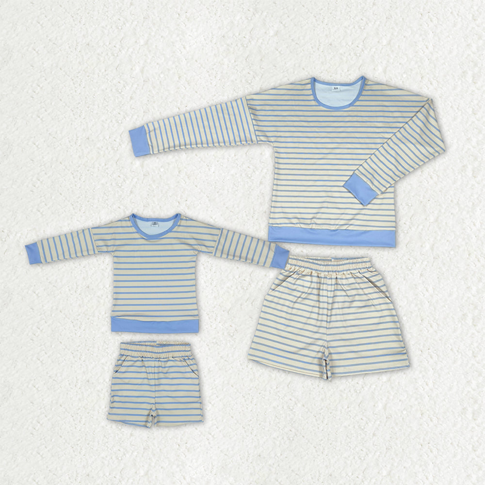 Mama and Me Girls Blue Stripe Long Sleeves Shirt Pockets Short Yoga Active Clothes Sets