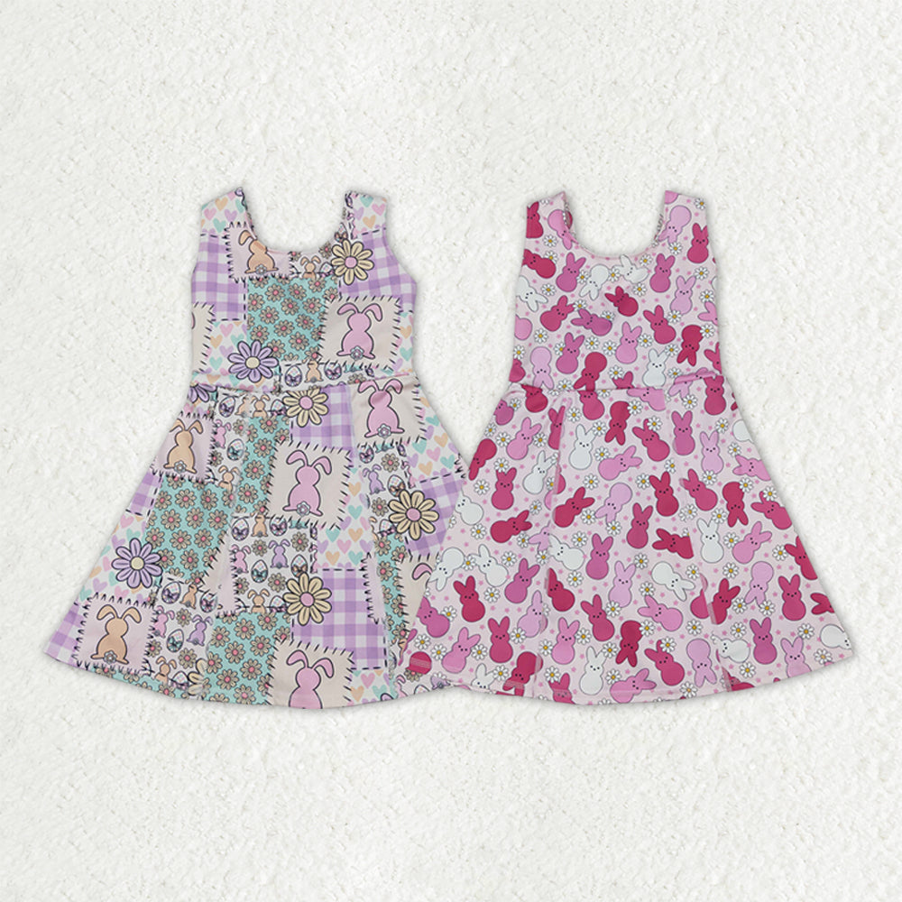 Sibling Baby Girls Sleeveless Rabbits Flowers Yoga Active Shorts Ruffle Knee Length Dresses
