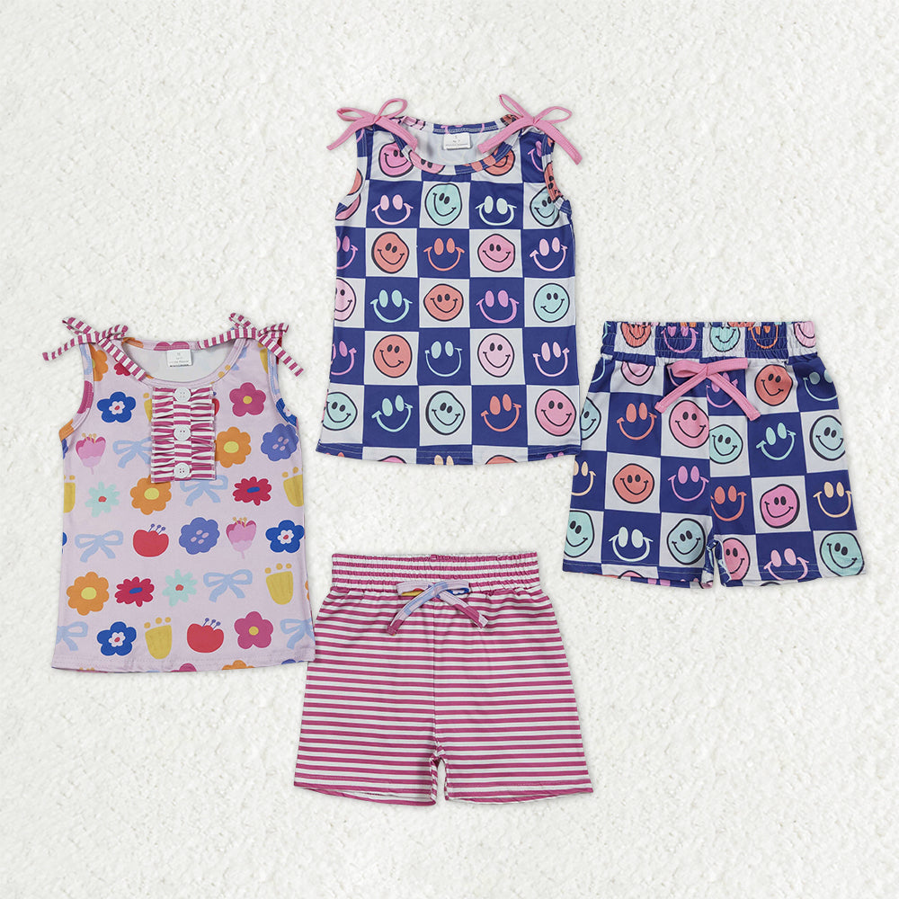 Sibling Baby Girls Sleeveless Flowers Smiles Checked Bows Top Shorts Clothes Sets