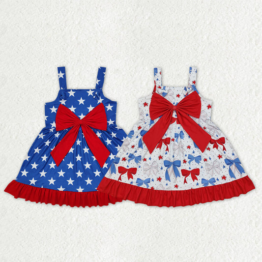 Sibling Baby Girls Strap Bows Top Stars 4th of July Ruffle Knee Length Dresses